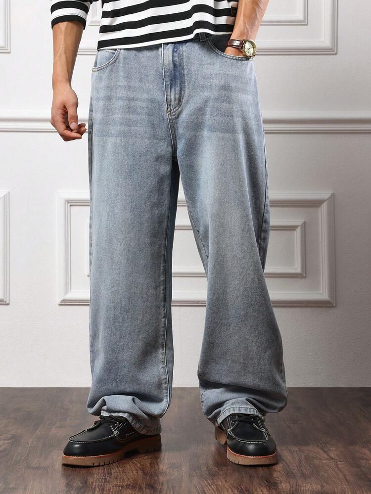 SUMWON Casual Wide Leg Jeans Relaxed Fit Baggy Denim Pants Classic Straight Cut Loose Fit Streetwear Fall Winter Fashion Plain