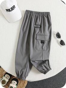 SHEIN Young Boy 休闲街头灰色字母图案松紧腰裤 - 彩色 - 查看 3