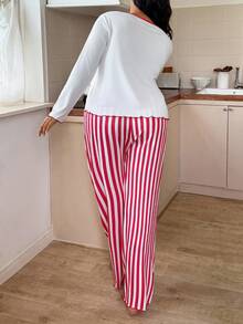 ZzzCrew 大码休闲樱桃条纹印花罗纹针织睡衣套装，舒适樱桃图案睡衣套装，保暖家居服，秋冬服装 - 彩色 - 查看 2