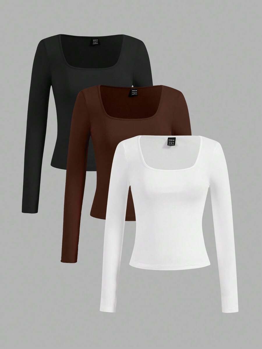 SHEIN EZwear 3 件套女士百搭纯色方领加大码 T 恤，百搭黑色、白色、棕色，适合春秋季 - 彩色 - 查看 1