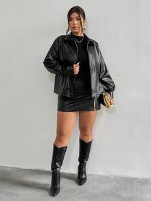 Firerie Plus Size Women Black Long Sleeve PU Jacket,Fall Clothes For Women - Black - View 6