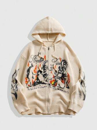 Street Life Men's Hooded Cardigan Sweater With Religious Vintage Graphic Print, Streetwear Style, Fall/Winter