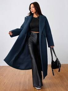 SHEIN Unity Casual Lapel Long Overcoat - Navy Blue - View 6