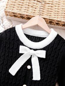 秋冬校园风大童蝴蝶结麻花针织毛衣裙，腰部收紧舒适贴身，亲肤防静电针织连衣裙 - 黑色 - 查看 3