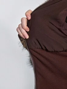 ROMWE Hippie Women's Fuzzy Zip-Up Collar Long Sleeve Jacket, Fashionable Regular Fit, Autumn/Winter - Brown - View 8