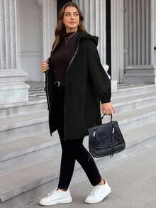 SHEIN LUNE Áo khoác dài tay thường ngày có mũ trùm đầu màu trơn cỡ lớn, có khóa kéo phía trước, quần áo thu cỡ lớn - màu đen - Xem 6