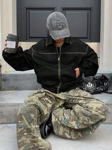 SHEIN EZwear 女式复古水洗 PU 皮革前拉链长袖休闲夹克，黑色秋冬女装 - 黑色 - 查看 6