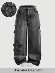 SHEIN PETITE CURVE Plus Size Casual Fall Autumn Winter Halloween Christmas New Year Travel, Commuting, Vacation, Shopping, Banquet, Party, Date Y2k Cute Streetwear Goth Grunge Distressed Star Print Wide Leg Black Jeans Grey Jeans Fashionable Plus Size Gray Washed Jeans With Unique Star Patches And Distressed Design, Loose Wide Leg Denim For An Edgy Style Pants With Pockets And Wide Legs