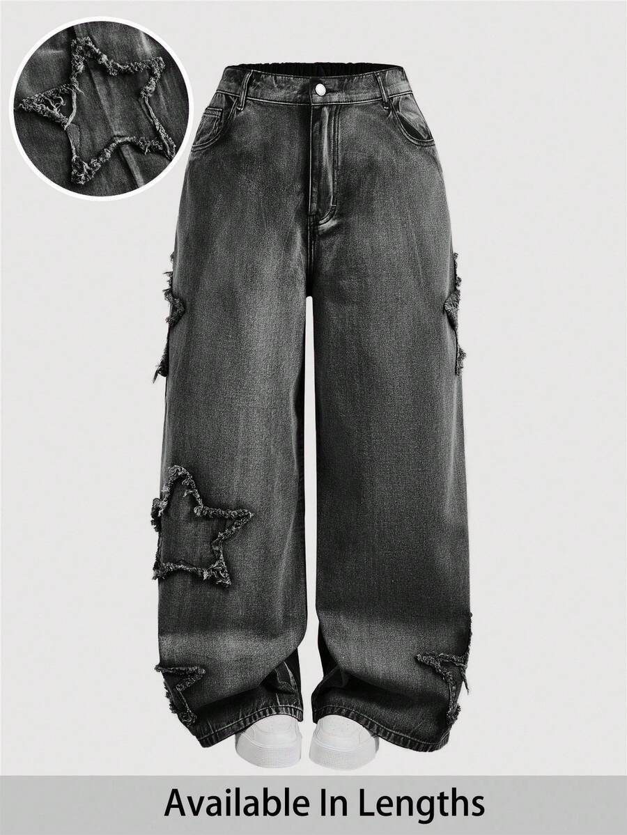 SHEIN PETITE CURVE Plus Size Casual Fall Autumn Winter Halloween Christmas New Year Travel, Commuting, Vacation, Shopping, Banquet, Party, Date Y2k Cute Streetwear Goth Grunge Distressed Star Print Wide Leg Black Jeans Grey Jeans Fashionable Plus Size Gray Washed Jeans With Unique Star Patches And Distressed Design, Loose Wide Leg Denim For An Edgy Style Pants With Pockets And Wide Legs