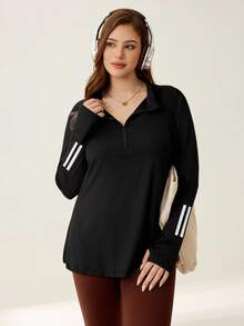 Auralis Sudadera con capucha deportiva de manga larga con agujero para el pulgar, bloques de color y rayas, talla grande, conjunto de chándal, camiseta deportiva para mujer para otoño/invierno - Negro - Ver 7