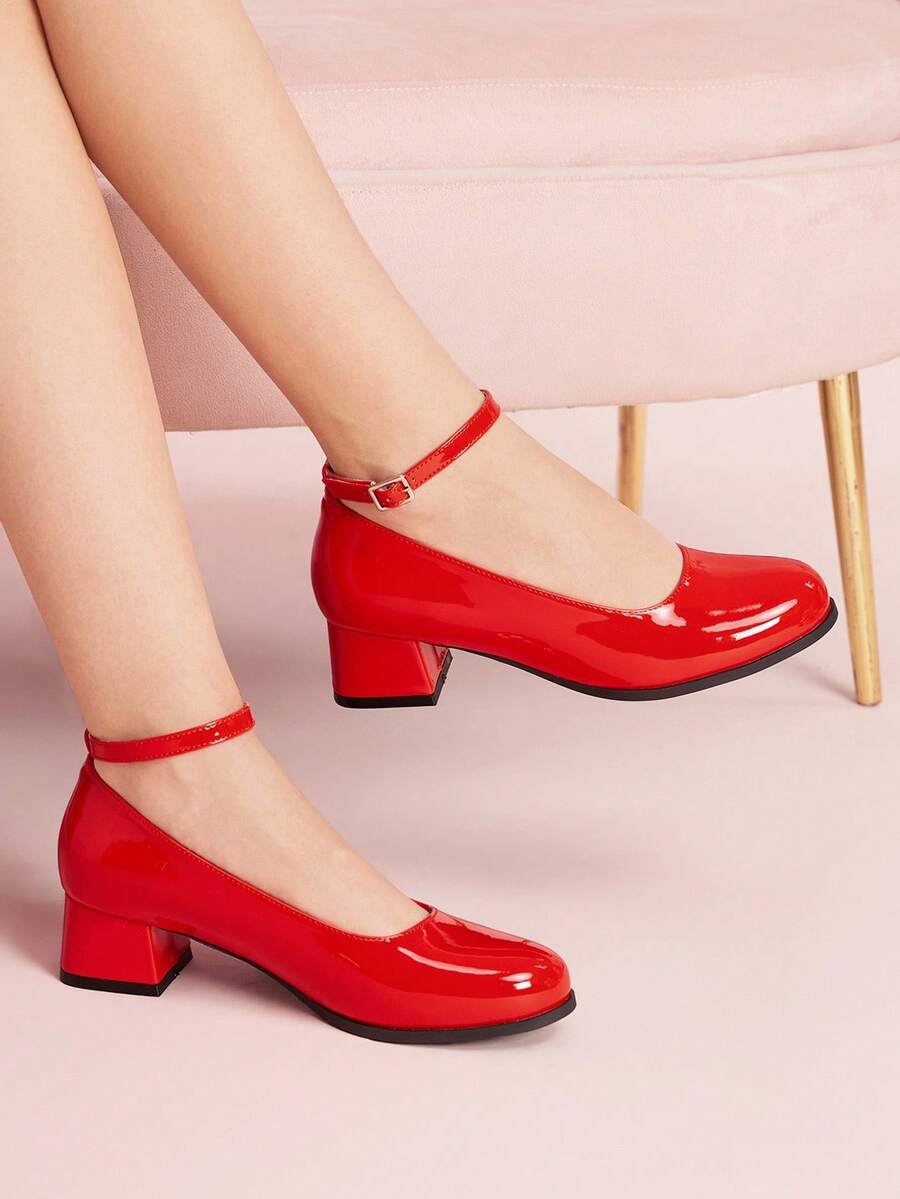 CUCCOO DOLLMOD 女士时尚百搭圆头粗跟镂空高跟鞋 - 紅色 - 查看 1