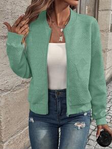 EMERY ROSE Women's Solid Color Long Sleeve Zip-Up Collar Casual Baseball Jacket - Green - View 1