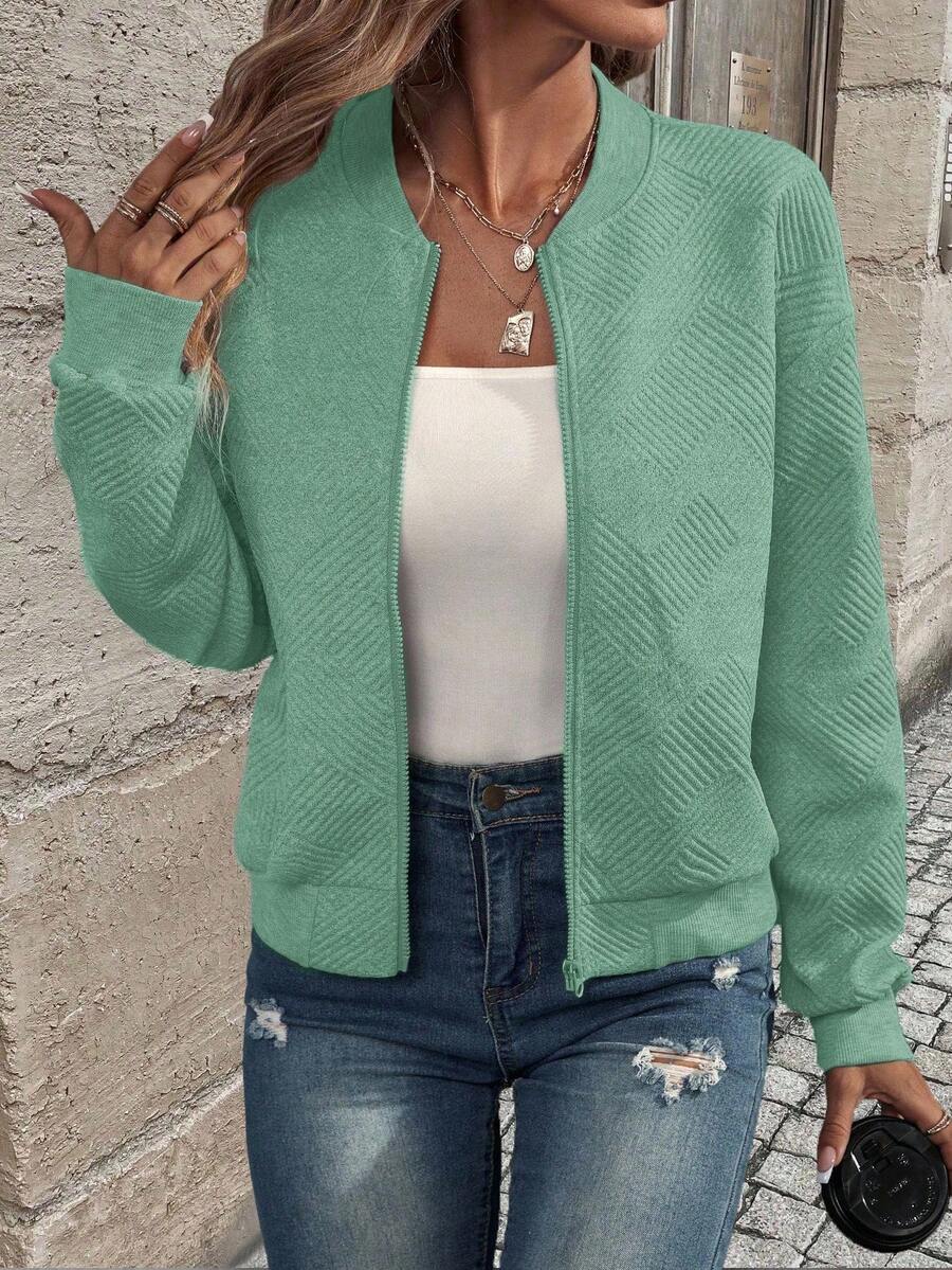 EMERY ROSE Women's Solid Color Long Sleeve Zip-Up Collar Casual Baseball Jacket - Green - View 1