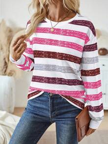 SHEIN LUNE Women Crew Neck Long Sleeve Striped Casual Top Graphic Tees Women Tops For Spring - Multicolor - View 4