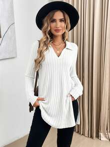 SHEIN LUNE 女式秋冬毛绒罗纹 Polo 领长袖长 T 恤 - 白色 - 查看 5