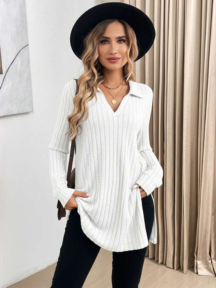 SHEIN LUNE Kaos Polo Lengan Panjang Berbulu Halus untuk Wanita Musim Gugur, Atasan Blus Musim Dingin Kasual Sehari-hari Warna Putih - Putih - View 5