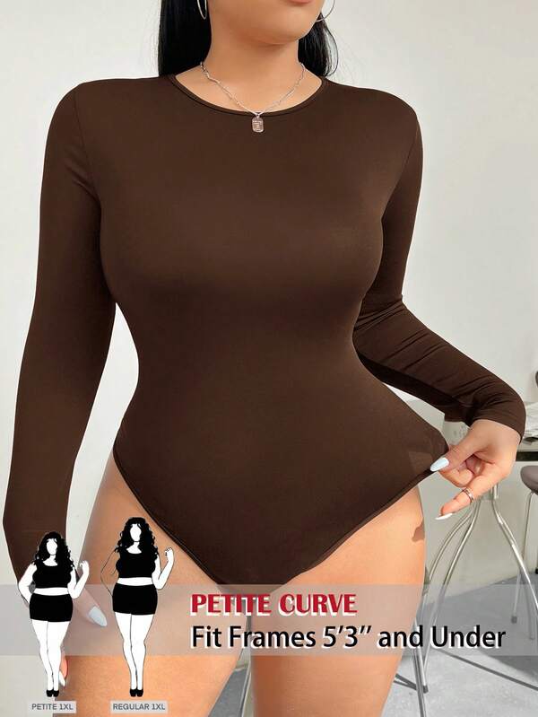 SHEIN PETITE CURVE Body a maniche lunghe elasticizzato a tinta unita con collo rotondo, taglie forti