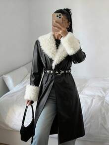 Glamine 1件女式纯色束腰仿毛领PU夹克 - 黑色 - 查看 1