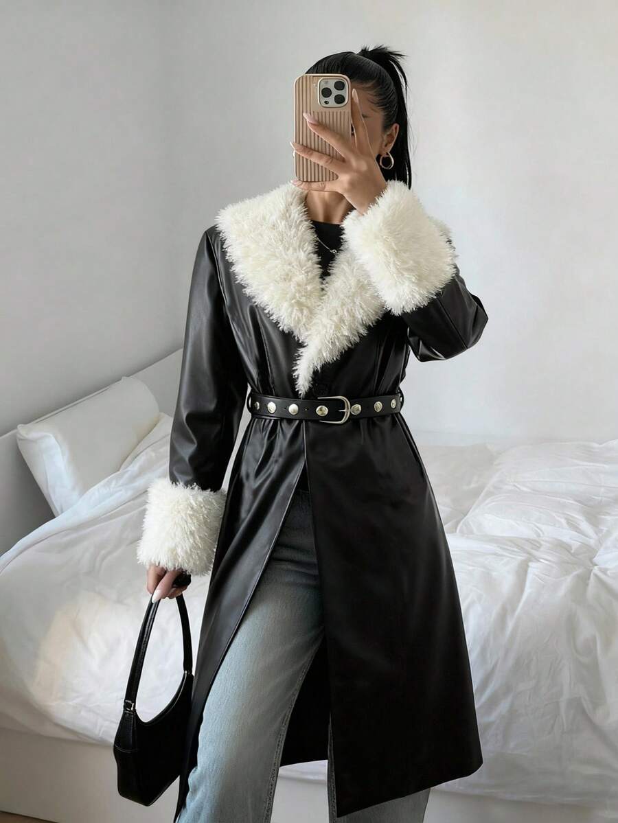 Glamine 1件女式纯色束腰仿毛领PU夹克 - 黑色 - 查看 1