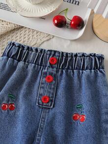 SHEIN 2 Stücke/Set Süßer Schleifen Dekor Rundhals Langarm T-Shirt + Kirsche Stickerei Gerade Bein Jeans Hose, Kleinkind Mädchen Outfit, Herbst/Winter