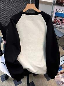 EMERY ROSE Sudadera casual de mujer con cuello redondo, manga larga, talla grande, con empalme de color contrastante, para otoño/invierno - Gris - Ver 2