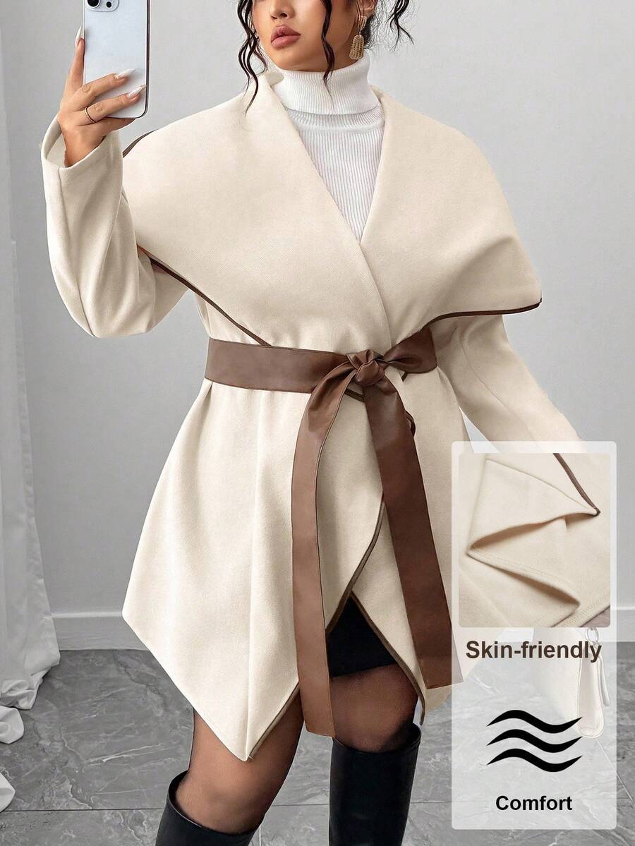 Elenzga Women's Plus Size Lapel Long Sleeve Waist Patchwork Leather Slim Fit Elegant Commuter Jacket Winter Fall Autumn