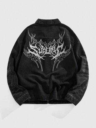 Street Life Chaqueta vaquera casual con cremallera y manga larga con patrón gótico para hombre, otoño