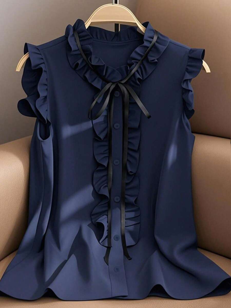 Franclia 荷叶边下摆无袖休闲宽松衬衫，优雅女式衬衫，红色梭织上衣，夏季服装 - 藏蓝色 - 查看 1