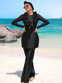 Swim Mulvari 2pcs/Set Black Modest Burkini With Floral Lace Long Sleeve Dress, Flared Pants And Headscarf, Casual Beach Wear For Muslim Women - Black - View 5