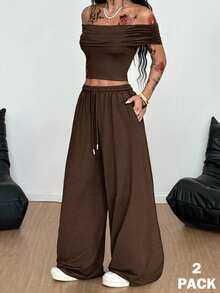 Coolane 女士秋季 Y2K 街头服饰日常基本休闲露肩短款 T 恤和宽松裤两件套服装 - 棕色 - 查看 3