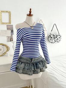 Elamini 彩色针织提花条纹不对称肩部宽松长袖上衣，时尚休闲舒适，适合日常穿着，秋冬 - 彩色 - 查看 5