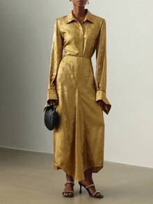 Lyxana 女士优雅金箔衬衫和不对称半身裙套装 - 金色 - 查看 3