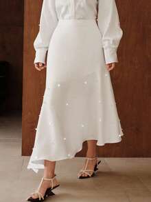 Uhlyne 设计不对称下摆开衩独特优雅修身 A 字裙，精致串珠白色优雅女士秋季服装 - 白色 - 查看 6