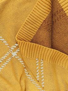 Elenzga Plus Size Women Plaid Round Neck Drop Shoulder Long Sleeve Casual Loose Pullover Sweater, Autumn/Winter - Yellow - View 7