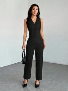 SHEIN PETITE 秋冬季休闲无袖开襟马甲长裤两件套，商务休闲女装