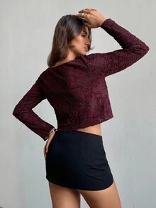 Aloruh Áo cánh tay dài cổ chữ V sâu thắt nút đính sequin thêu màu đỏ tía thời trang thu/đông mới cho nữ - Màu Đỏ Sâu - Xem 2