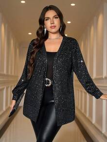 SHEIN Clasi Veste ample à manches longues noire pour femmes grandes tailles, en tissu brillant avec estampage argenté, avec poches. Confortable, douce et brillante.