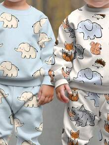 SHEIN Bộ 2 món/Bộ đồ chui đầu dệt kim mềm mại, rộng rãi, họa tiết sở thú, động vật hoạt hình, họa tiết voi, phù hợp cho bé trai, mùa thu/đông - Nhiều màu - Xem 6