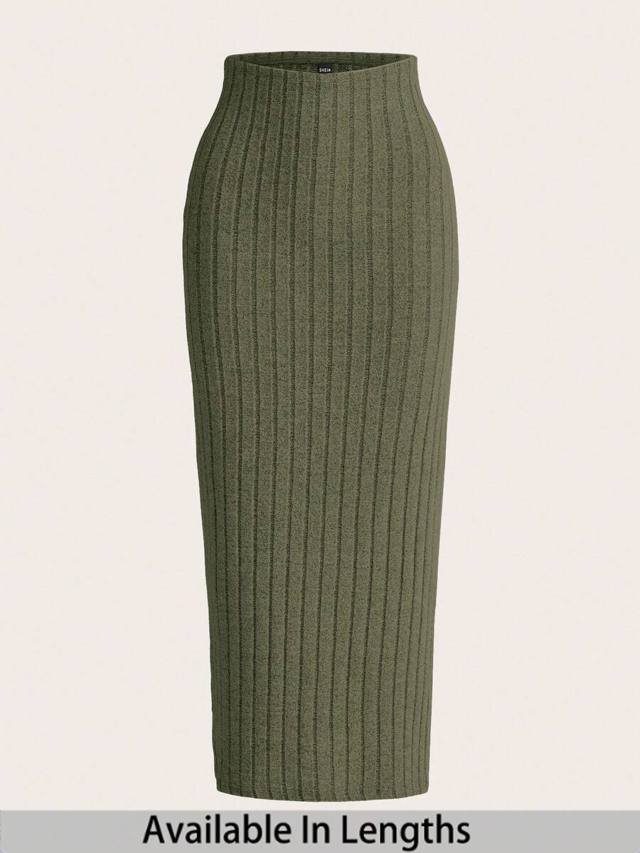 SHEIN Tall CURVE 大码纯色罗纹铅笔裙 - 軍綠色 - 查看 1