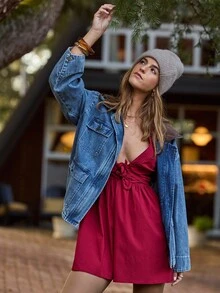 Aralina Women's Dark Red Vintage Y2K Deep V-Neck Puff Sleeve Mini Dress,Summer Boho Picnic Style Bow Details,Christmas Thanksgiving Holiday Autumn Outfits - Burgundy - View 8
