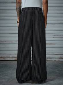 AXEPEAK 男士抽绳腰带条纹口袋阔腿宽松休闲裤，适合秋季 - 黑色 - 查看 2