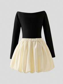 Conjunto de 2 piezas de mujer con blusa negra de manga larga asimétrica con hombros descubiertos y falda de burbujas con flores 3D, para vacaciones - Negro - Ver 2