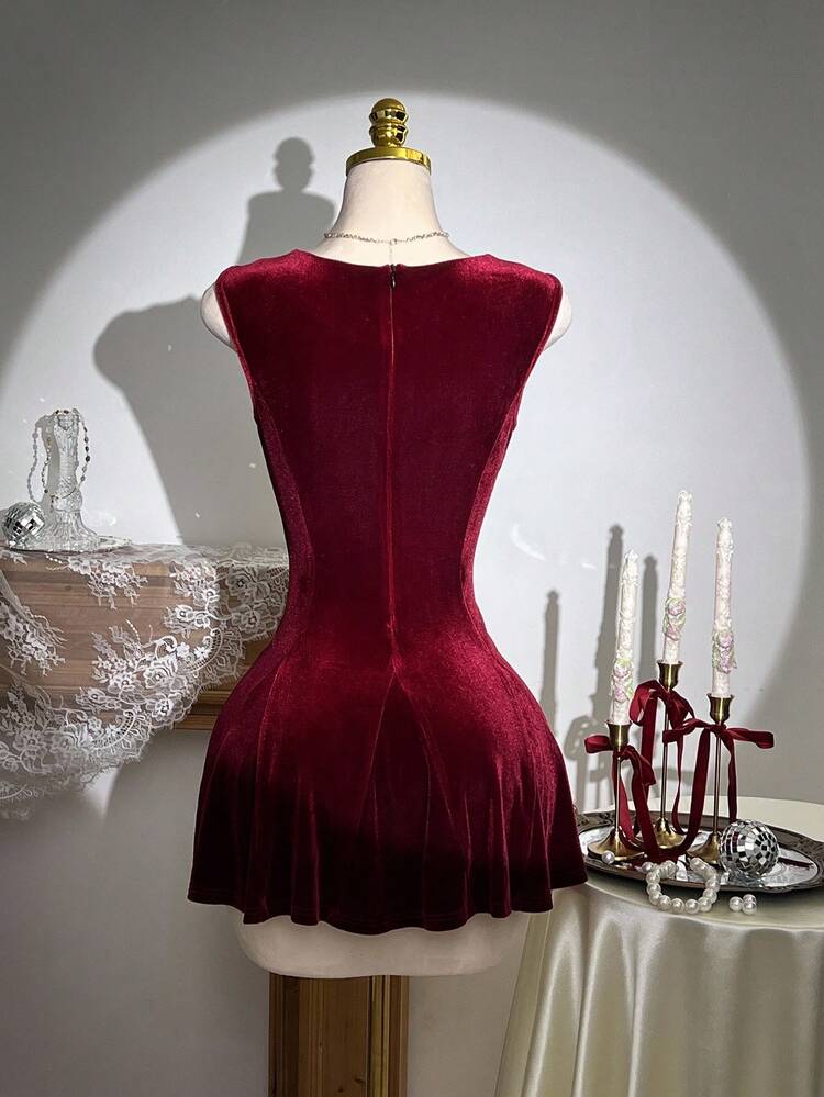 SHEIN Unity Women's Tie Front Bow Decor Christmas Velvet Mini Dress - Burgundy - View 2