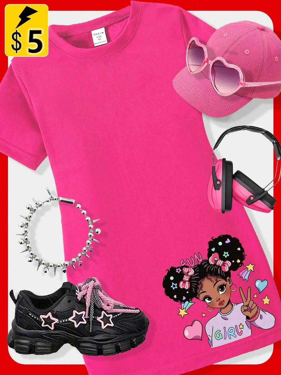 SHEIN 少女時尚可愛短袖T恤裙帶蝴蝶結和小女孩印花