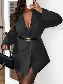 SHEIN Frenchy Plus Size Solid Color Front Button Belted Elegant Long Sleeve Blazer Jacket,Winter - Dark Grey - View 2