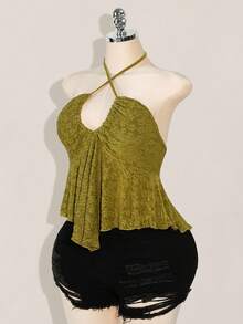 SHEIN ICON Plus Size Criss-Cross Halter Backless Jacquard Yellow Crop Top, Suitable For Summer, Vacation, Y2K - Green - View 6
