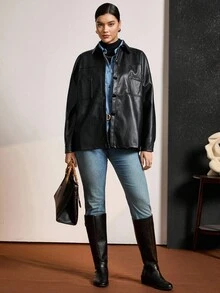 SHEIN LUNE Kurtka damska Street Rock Casual w kolorze czarnym z PU z długim rękawem, plus size, jesienno-zimowa, termiczna na wakacje - Czarne - Zobacz 7