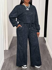 Slaydiva 2pcs Women Plus Streetwear Plus Size Snowflake Print Sweatsuit - Grey - View 5