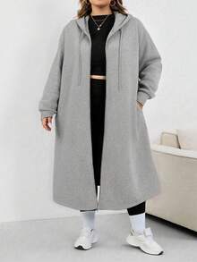 SHEIN CURVE+ 加大码女式长款连帽夹克外套，适合秋冬季女装，冬季，CURVE PLUS - 淺灰色 - 查看 3