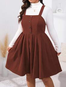 EMERY ROSE Plus Size Solid Color Button Casual Versatile Camisole Dress - Rust Brown - View 5
